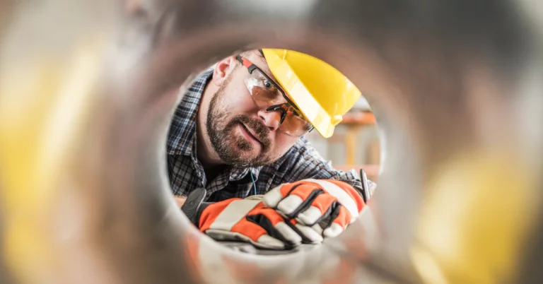 An image of a person peering through a pipeline