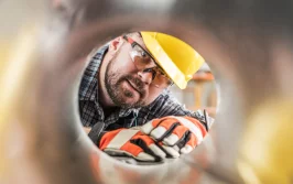 An image of a person peering through a pipeline